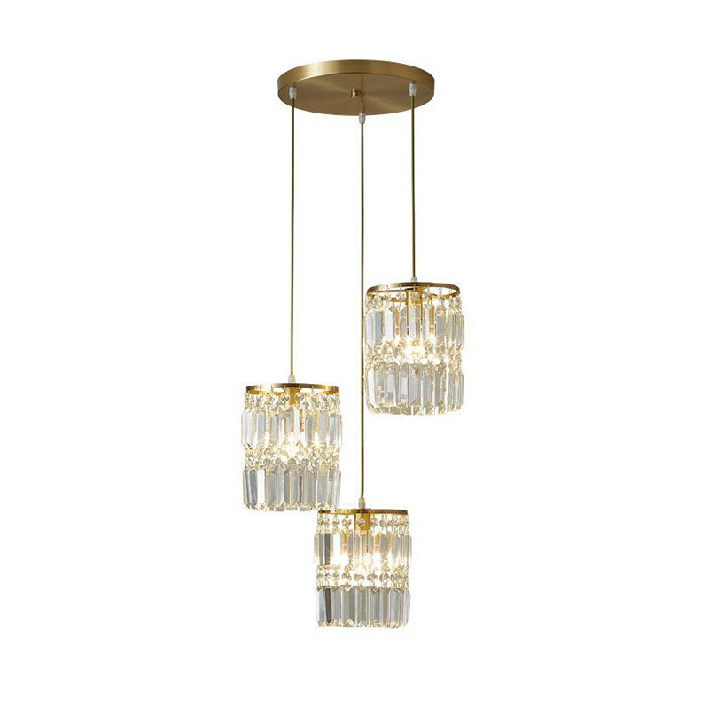 Cylinder Crystal Prisms Multi-Light Pendant Postmodern 3-Head Gold Hanging Lamp Kit Clearhalo 'Ceiling Lights' 'Modern Pendants' 'Modern' 'Pendant Lights' 'Pendants' Lighting' 2255340