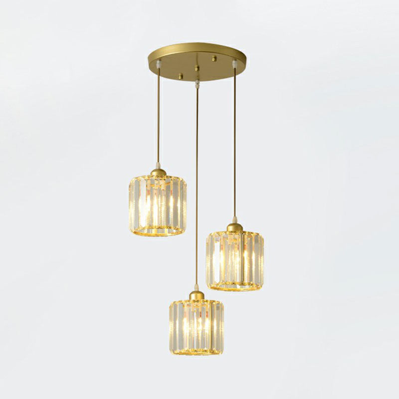Postmodern Geometry Multiple Hanging Light Clear Crystal Block 3-Light Living Room Ceiling Pendant Gold Round Clearhalo 'Ceiling Lights' 'Modern Pendants' 'Modern' 'Pendant Lights' 'Pendants' Lighting' 2255344