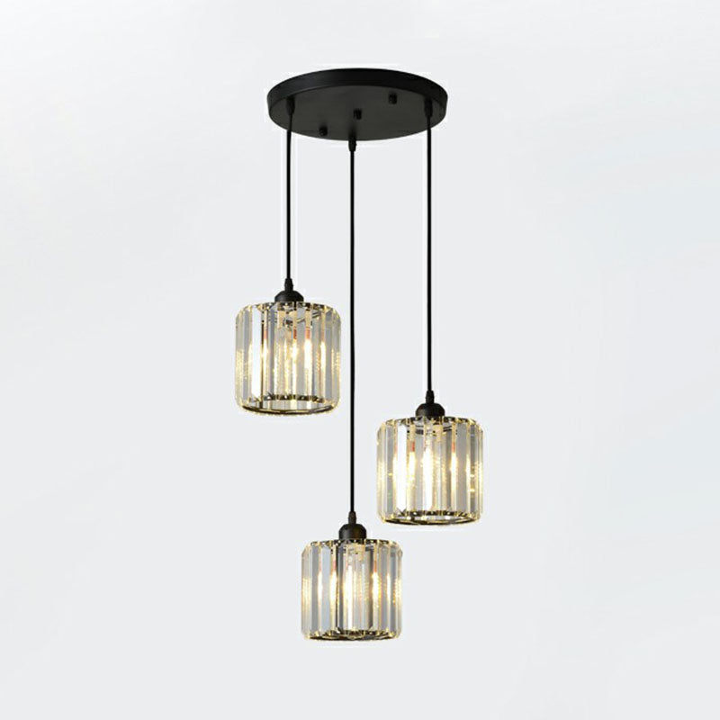 Postmodern Geometry Multiple Hanging Light Clear Crystal Block 3-Light Living Room Ceiling Pendant Black Round Clearhalo 'Ceiling Lights' 'Modern Pendants' 'Modern' 'Pendant Lights' 'Pendants' Lighting' 2255350
