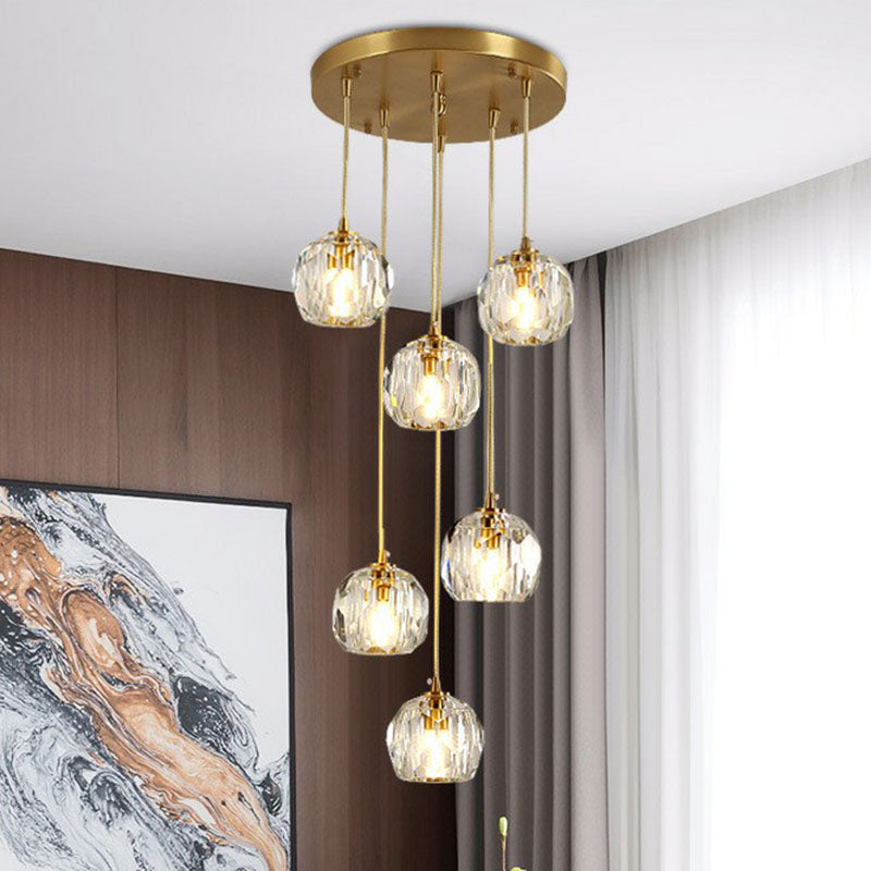K9 Crystal Cluster Ball Pendant Light Postmodern Gold Finish Hanging Lamp for Stairway Clearhalo 'Ceiling Lights' 'Modern Pendants' 'Modern' 'Pendant Lights' 'Pendants' Lighting' 2255352