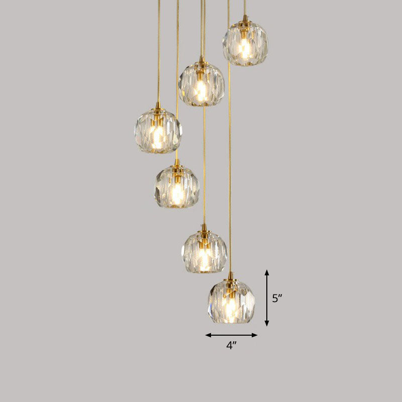 K9 Crystal Cluster Ball Pendant Light Postmodern Gold Finish Hanging Lamp for Stairway 6 Gold Clearhalo 'Ceiling Lights' 'Modern Pendants' 'Modern' 'Pendant Lights' 'Pendants' Lighting' 2255353
