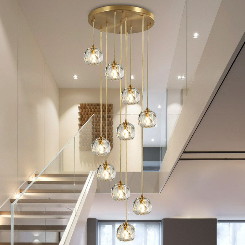 K9 Crystal Cluster Ball Pendant Light Postmodern Gold Finish Hanging Lamp for Stairway 10 Gold Clearhalo 'Ceiling Lights' 'Modern Pendants' 'Modern' 'Pendant Lights' 'Pendants' Lighting' 2255354
