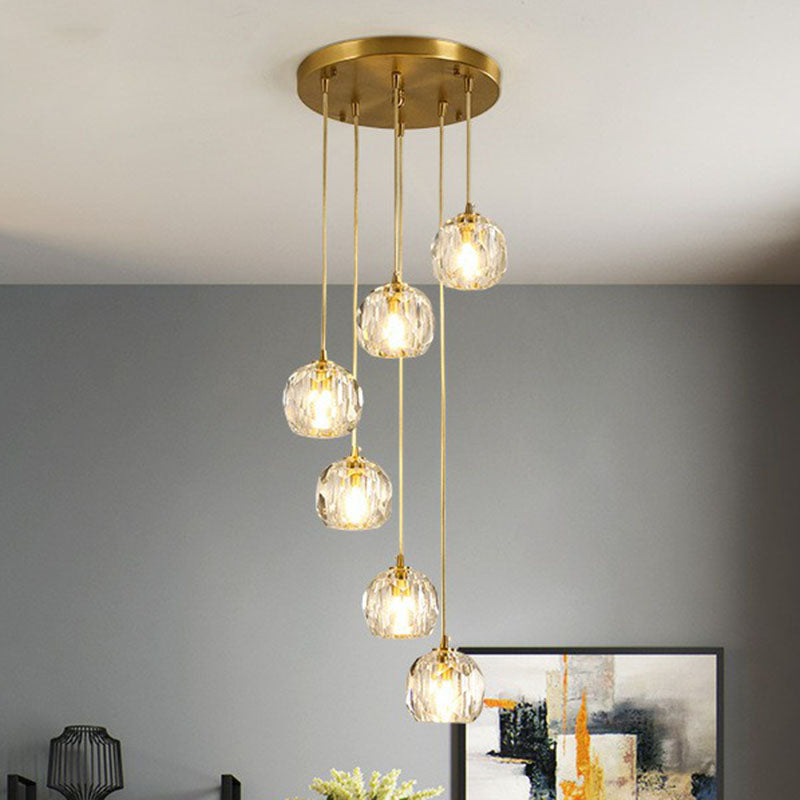 K9 Crystal Cluster Ball Pendant Light Postmodern Gold Finish Hanging Lamp for Stairway Clearhalo 'Ceiling Lights' 'Modern Pendants' 'Modern' 'Pendant Lights' 'Pendants' Lighting' 2255355