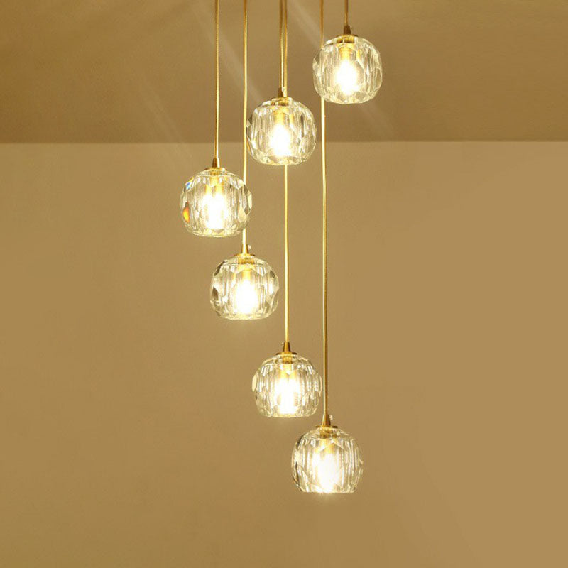 K9 Crystal Cluster Ball Pendant Light Postmodern Gold Finish Hanging Lamp for Stairway Clearhalo 'Ceiling Lights' 'Modern Pendants' 'Modern' 'Pendant Lights' 'Pendants' Lighting' 2255356