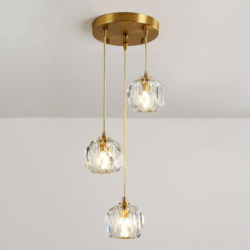 K9 Crystal Cluster Ball Pendant Light Postmodern Gold Finish Hanging Lamp for Stairway 3 Gold Clearhalo 'Ceiling Lights' 'Modern Pendants' 'Modern' 'Pendant Lights' 'Pendants' Lighting' 2255357