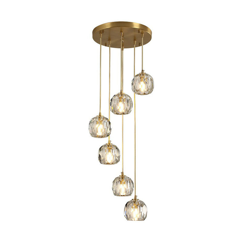 K9 Crystal Cluster Ball Pendant Light Postmodern Gold Finish Hanging Lamp for Stairway Clearhalo 'Ceiling Lights' 'Modern Pendants' 'Modern' 'Pendant Lights' 'Pendants' Lighting' 2255359