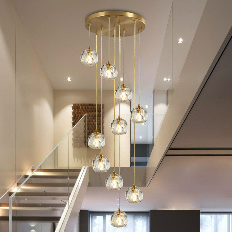 K9 Crystal Cluster Ball Pendant Light Postmodern Gold Finish Hanging Lamp for Stairway Clearhalo 'Ceiling Lights' 'Modern Pendants' 'Modern' 'Pendant Lights' 'Pendants' Lighting' 2255360