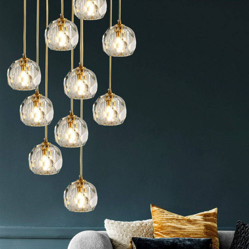 K9 Crystal Cluster Ball Pendant Light Postmodern Gold Finish Hanging Lamp for Stairway Clearhalo 'Ceiling Lights' 'Modern Pendants' 'Modern' 'Pendant Lights' 'Pendants' Lighting' 2255361