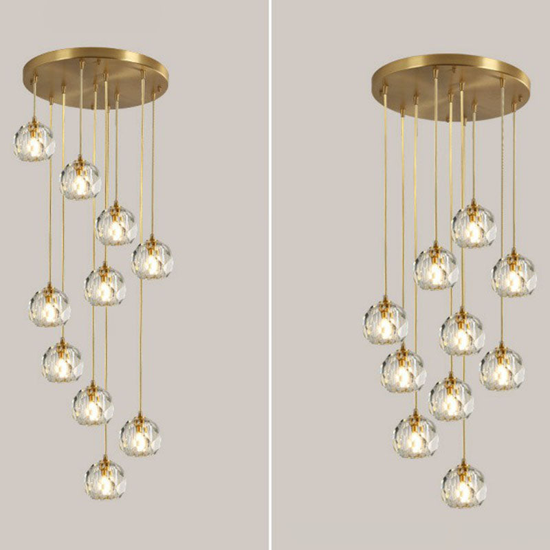 K9 Crystal Cluster Ball Pendant Light Postmodern Gold Finish Hanging Lamp for Stairway Clearhalo 'Ceiling Lights' 'Modern Pendants' 'Modern' 'Pendant Lights' 'Pendants' Lighting' 2255362
