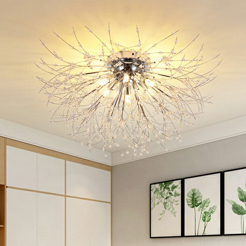 Crystal Beaded Dandelion Ceiling Lamp Contemporary Flush Mount Lighting for Bedroom 6 Chrome Clearhalo 'Ceiling Lights' 'Close To Ceiling Lights' 'Close to ceiling' 'Flush mount' Lighting' 2255443