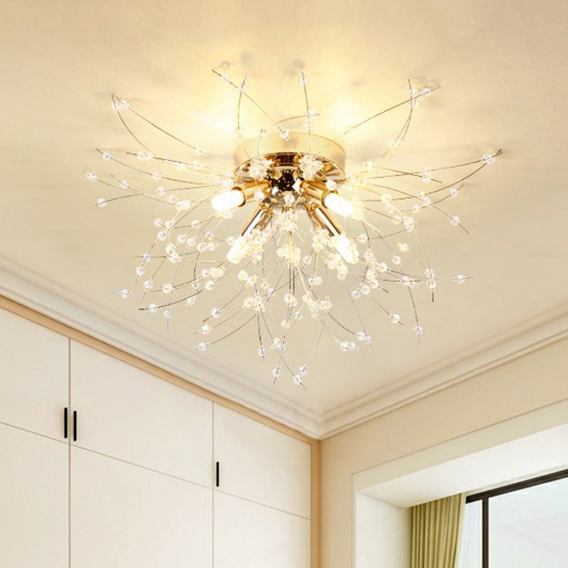 Crystal Beaded Dandelion Ceiling Lamp Contemporary Flush Mount Lighting for Bedroom 4 Gold Clearhalo 'Ceiling Lights' 'Close To Ceiling Lights' 'Close to ceiling' 'Flush mount' Lighting' 2255445