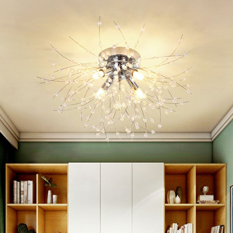 Crystal Beaded Dandelion Ceiling Lamp Contemporary Flush Mount Lighting for Bedroom 4 Chrome Clearhalo 'Ceiling Lights' 'Close To Ceiling Lights' 'Close to ceiling' 'Flush mount' Lighting' 2255447