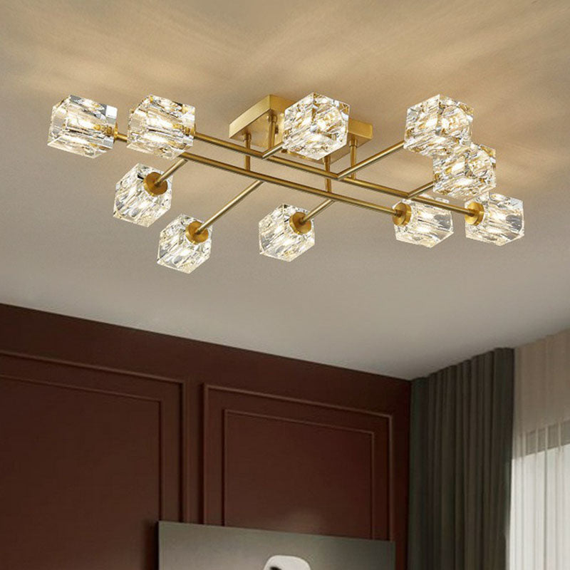 Crystal Cube Close to Ceiling Light Post-Modern Gold Finish Semi Flush Mount Light Fixture Clearhalo 'Ceiling Lights' 'Close To Ceiling Lights' 'Close to ceiling' 'Semi-flushmount' Lighting' 2255468