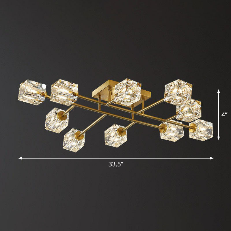 Crystal Cube Close to Ceiling Light Post-Modern Gold Finish Semi Flush Mount Light Fixture 10 Gold Clearhalo 'Ceiling Lights' 'Close To Ceiling Lights' 'Close to ceiling' 'Semi-flushmount' Lighting' 2255469