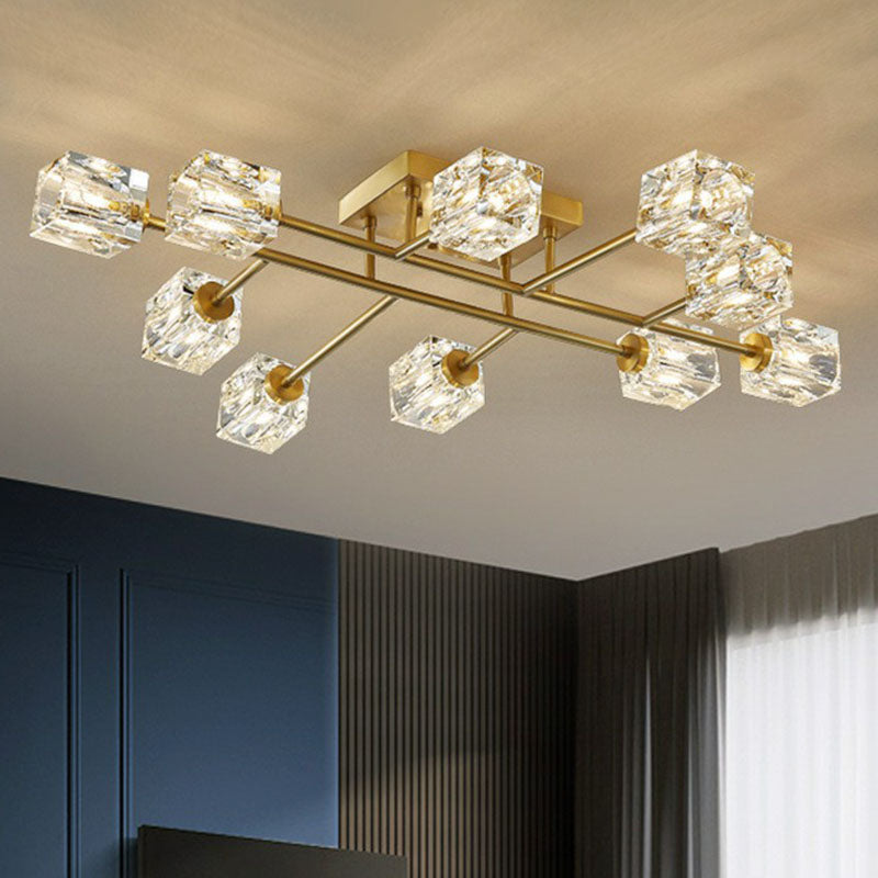 Crystal Cube Close to Ceiling Light Post-Modern Gold Finish Semi Flush Mount Light Fixture Clearhalo 'Ceiling Lights' 'Close To Ceiling Lights' 'Close to ceiling' 'Semi-flushmount' Lighting' 2255470