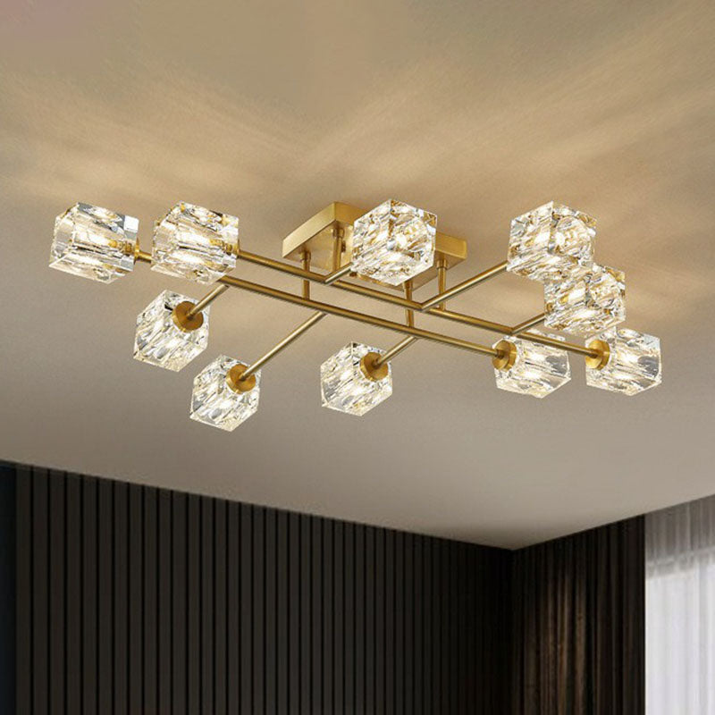 Crystal Cube Close to Ceiling Light Post-Modern Gold Finish Semi Flush Mount Light Fixture Clearhalo 'Ceiling Lights' 'Close To Ceiling Lights' 'Close to ceiling' 'Semi-flushmount' Lighting' 2255472