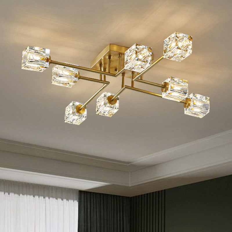 Crystal Cube Close to Ceiling Light Post-Modern Gold Finish Semi Flush Mount Light Fixture Clearhalo 'Ceiling Lights' 'Close To Ceiling Lights' 'Close to ceiling' 'Semi-flushmount' Lighting' 2255475