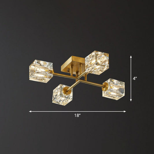Crystal Cube Close to Ceiling Light Post-Modern Gold Finish Semi Flush Mount Light Fixture 4 Gold