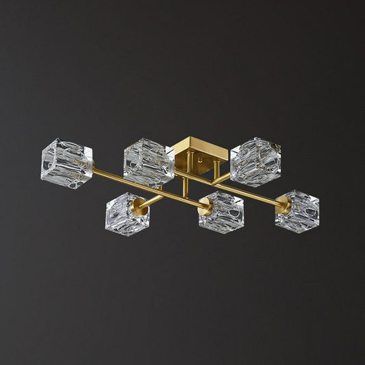 Crystal Cube Close to Ceiling Light Post-Modern Gold Finish Semi Flush Mount Light Fixture Clearhalo 'Ceiling Lights' 'Close To Ceiling Lights' 'Close to ceiling' 'Semi-flushmount' Lighting' 2255479