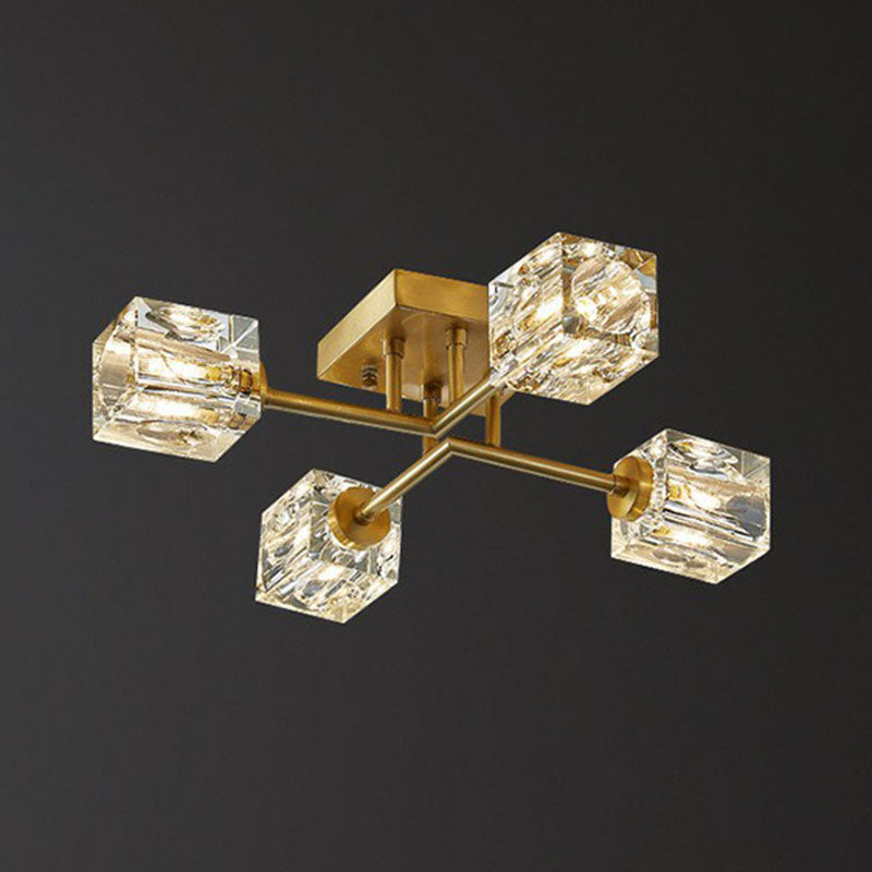 Crystal Cube Close to Ceiling Light Post-Modern Gold Finish Semi Flush Mount Light Fixture Clearhalo 'Ceiling Lights' 'Close To Ceiling Lights' 'Close to ceiling' 'Semi-flushmount' Lighting' 2255480