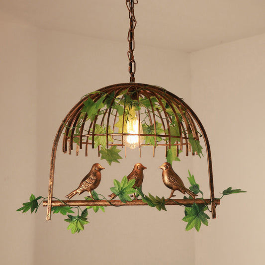 Industrial Bird Cage Pendant Light Iron Hanging Island Light with Ivy Decor in Rust for Restaurant Rust 19.5" Clearhalo 'Art Deco Pendants' 'Cast Iron' 'Ceiling Lights' 'Ceramic' 'Crystal' 'Industrial Pendants' 'Industrial' 'Metal' 'Middle Century Pendants' 'Pendant Lights' 'Pendants' 'Tiffany' Lighting' 2255481