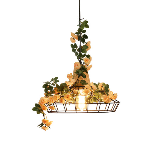 Vintage Caged Hanging Lamp 1-Light Iron Lighting Pendant with Artificial Rose in Orange Pink Clearhalo 'Art Deco Pendants' 'Cast Iron' 'Ceiling Lights' 'Ceramic' 'Crystal' 'Industrial Pendants' 'Industrial' 'Metal' 'Middle Century Pendants' 'Pendant Lights' 'Pendants' 'Tiffany' Lighting' 2255503