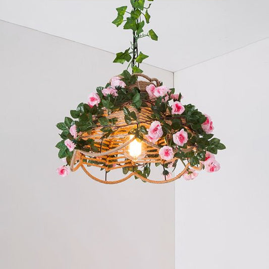 Scalloped Hemp Rope Pendant Light Antique 1-Light Restaurant Hanging Light with Decorative Rose in Green Green Clearhalo 'Ceiling Lights' 'Industrial Pendants' 'Industrial' 'Middle Century Pendants' 'Pendant Lights' 'Pendants' 'Tiffany' Lighting' 2255511