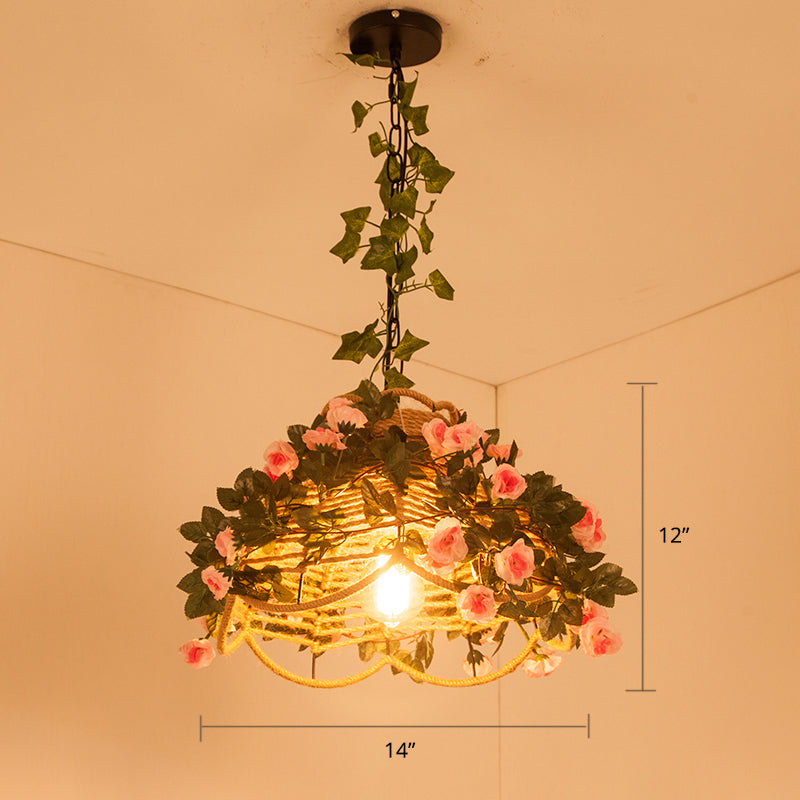 Scalloped Hemp Rope Pendant Light Antique 1-Light Restaurant Hanging Light with Decorative Rose in Green Clearhalo 'Ceiling Lights' 'Industrial Pendants' 'Industrial' 'Middle Century Pendants' 'Pendant Lights' 'Pendants' 'Tiffany' Lighting' 2255513