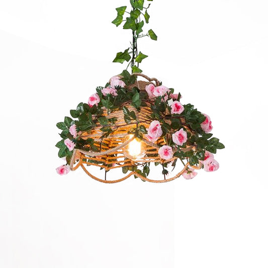 Scalloped Hemp Rope Pendant Light Antique 1-Light Restaurant Hanging Light with Decorative Rose in Green Clearhalo 'Ceiling Lights' 'Industrial Pendants' 'Industrial' 'Middle Century Pendants' 'Pendant Lights' 'Pendants' 'Tiffany' Lighting' 2255514