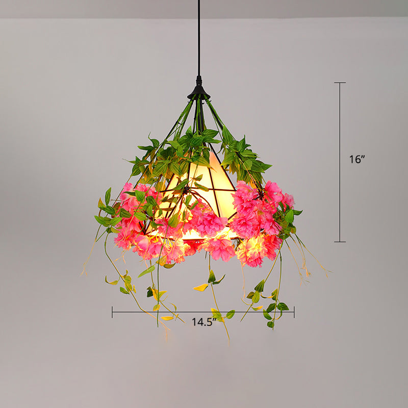 Industrial Framed Ceiling Light Metallic Hanging Pendant Light with Plant Decor for Restaurant Pink Clearhalo 'Art Deco Pendants' 'Cast Iron' 'Ceiling Lights' 'Ceramic' 'Crystal' 'Industrial Pendants' 'Industrial' 'Metal' 'Middle Century Pendants' 'Pendant Lights' 'Pendants' 'Tiffany' Lighting' 2255526