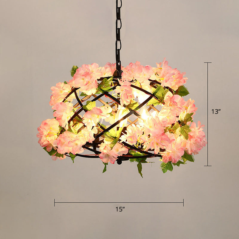 Industrial Framed Ceiling Light Metallic Hanging Pendant Light with Plant Decor for Restaurant Light Pink Clearhalo 'Art Deco Pendants' 'Cast Iron' 'Ceiling Lights' 'Ceramic' 'Crystal' 'Industrial Pendants' 'Industrial' 'Metal' 'Middle Century Pendants' 'Pendant Lights' 'Pendants' 'Tiffany' Lighting' 2255528