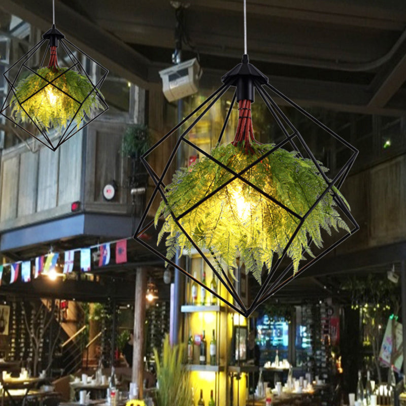 Caged Iron Plant Hanging Lamp Vintage Single-Bulb Restaurant Lighting Pendant in Green Clearhalo 'Art Deco Pendants' 'Cast Iron' 'Ceiling Lights' 'Ceramic' 'Crystal' 'Industrial Pendants' 'Industrial' 'Metal' 'Middle Century Pendants' 'Pendant Lights' 'Pendants' 'Tiffany' Lighting' 2255536