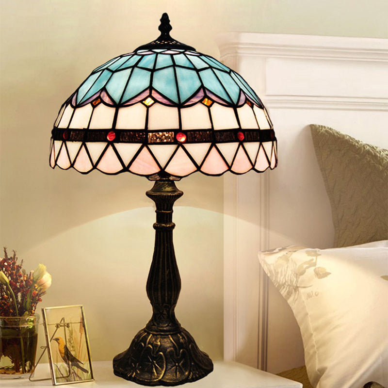 Single Table Light Mediterranean Dome Stained Glass Nightstand Lighting for Bedside Pink Clearhalo 'Lamps' 'Table Lamps' Lighting' 2255552