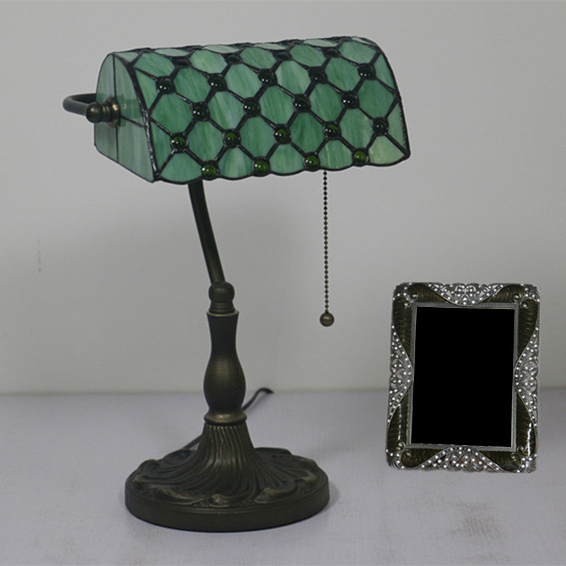 Half Cylinder Table Lighting 1-Light Gridded Glass Antique Nightstand Lamp with Pull Chain Clearhalo 'Lamps' 'Table Lamps' Lighting' 2255570