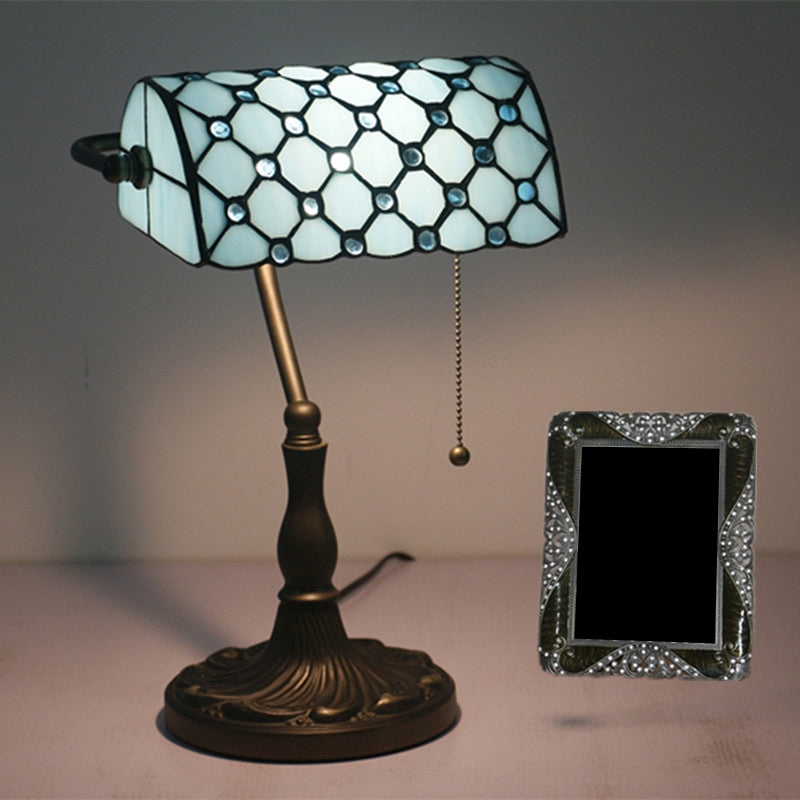 Half Cylinder Table Lighting 1-Light Gridded Glass Antique Nightstand Lamp with Pull Chain Blue Clearhalo 'Lamps' 'Table Lamps' Lighting' 2255571