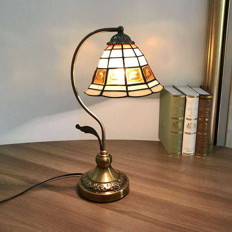Single Nightstand Lamp Tiffany Style Bell Shade Gridded Glass Table Lighting for Bedroom Beige Clearhalo 'Lamps' 'Table Lamps' Lighting' 2255575