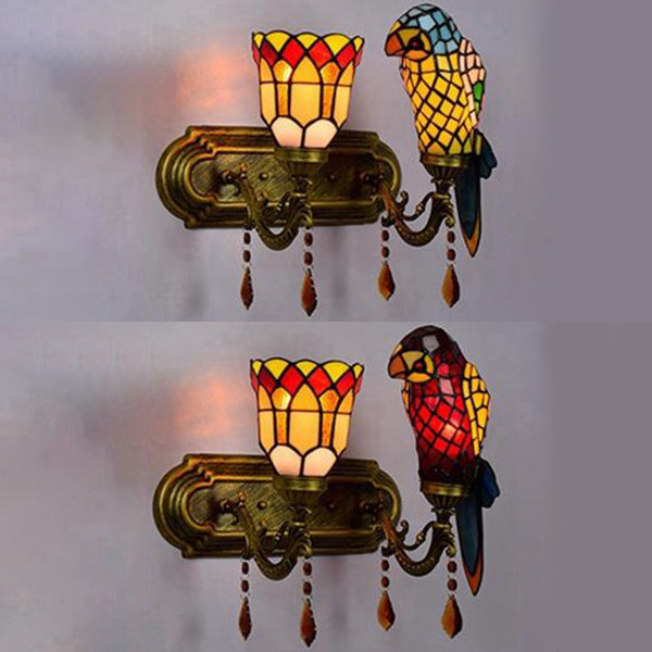 Lodge Style Parrot Wall Lighting Stained Glass 2 Heads Wall Sconce with Amber Crystal in Red/Blue Clearhalo 'Industrial' 'Middle century wall lights' 'Tiffany wall lights' 'Tiffany' 'Wall Lamps & Sconces' 'Wall Lights' Lighting' 22556