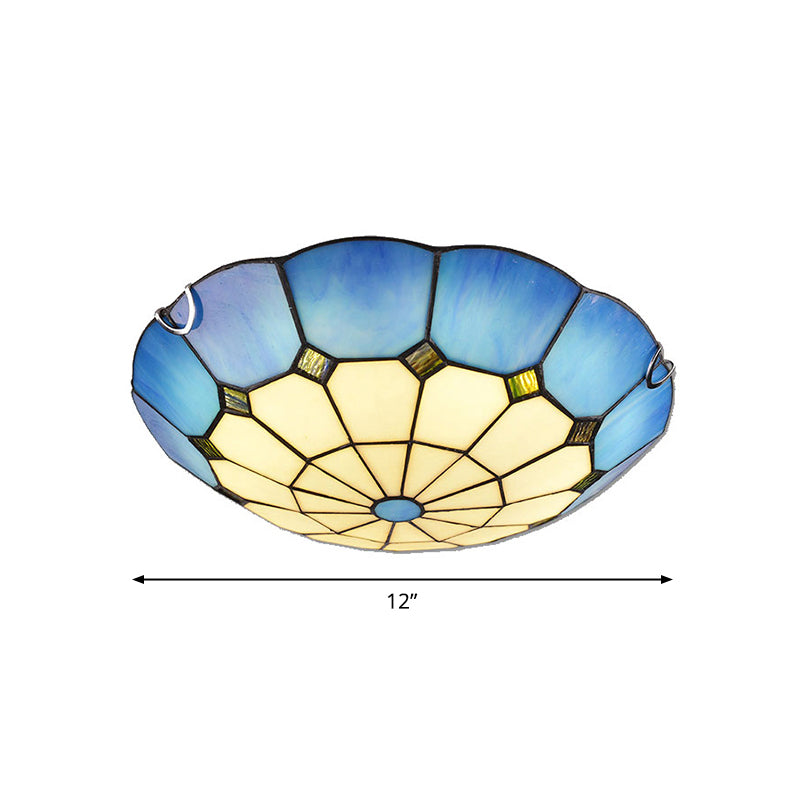 Grid Patterned LED Flush Light Tiffany Glass Classic Flush Ceiling Lighting Fixture Blue 12" Clearhalo 'Ceiling Lights' 'Close To Ceiling Lights' 'Close to ceiling' 'Flush mount' Lighting' 2255613