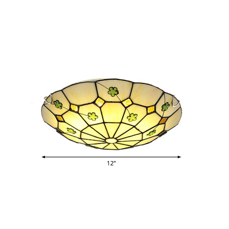 Grid Patterned LED Flush Light Tiffany Glass Classic Flush Ceiling Lighting Fixture Green 12" Clearhalo 'Ceiling Lights' 'Close To Ceiling Lights' 'Close to ceiling' 'Flush mount' Lighting' 2255614