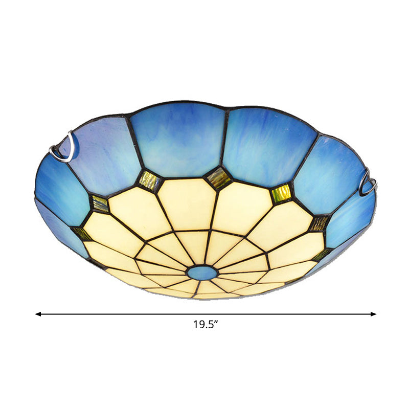 Grid Patterned LED Flush Light Tiffany Glass Classic Flush Ceiling Lighting Fixture Blue 19.5" Clearhalo 'Ceiling Lights' 'Close To Ceiling Lights' 'Close to ceiling' 'Flush mount' Lighting' 2255616