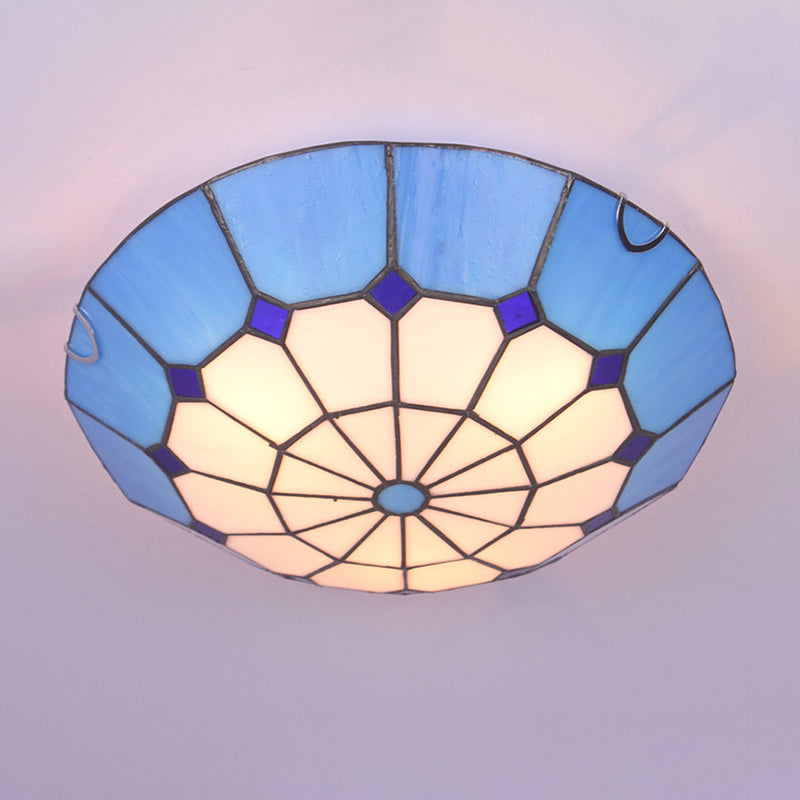 Tiffany Dome Shade Flush Mount Lighting Gridded Glass LED Flush Mount Fixture for Bedroom Blue 16" Clearhalo 'Ceiling Lights' 'Close To Ceiling Lights' 'Close to ceiling' 'Flush mount' Lighting' 2255618