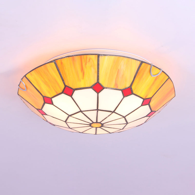 Tiffany Dome Shade Flush Mount Lighting Gridded Glass LED Flush Mount Fixture for Bedroom Yellow 12" Clearhalo 'Ceiling Lights' 'Close To Ceiling Lights' 'Close to ceiling' 'Flush mount' Lighting' 2255619