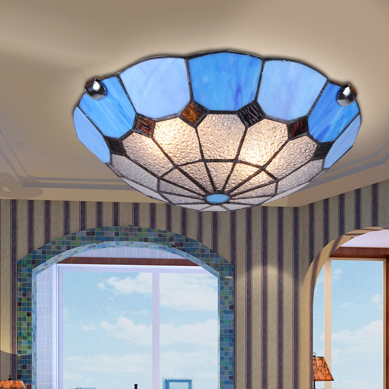 Bowl LED Flush Mount Tiffany Glass Mediterranean Flushmount Ceiling Light for Restaurant Blue Clearhalo 'Ceiling Lights' 'Close To Ceiling Lights' 'Close to ceiling' 'Flush mount' Lighting' 2255626