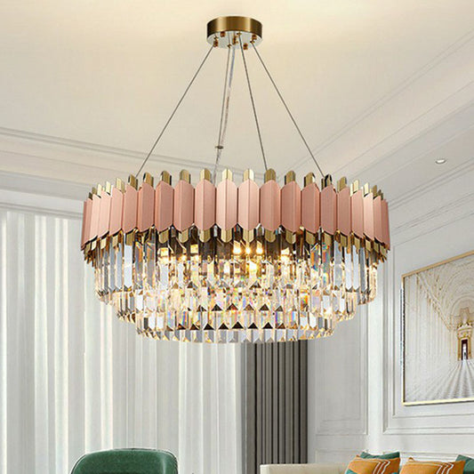 Tiered Round Chandelier Pendant Light Contemporary Prismatic Crystal Living Room Hanging Light in Pink Clearhalo 'Ceiling Lights' 'Chandeliers' 'Modern Chandeliers' 'Modern' Lighting' 2255677