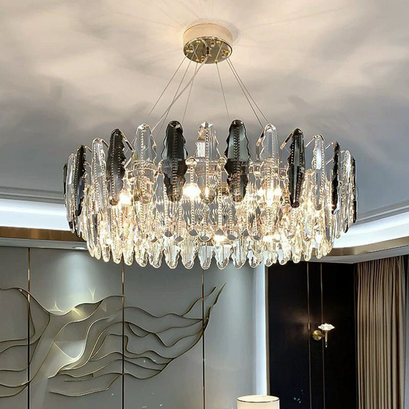 Drum Living Room Suspension Lighting Crystal Modern Style Chandelier Light Fixture in Clear Clear 31.5" Clearhalo 'Ceiling Lights' 'Chandeliers' 'Clear' 'Industrial' 'Modern Chandeliers' 'Modern' 'Tiffany' 'Traditional Chandeliers' Lighting' 2255689