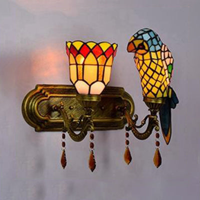 Lodge Style Parrot Wall Lighting Stained Glass 2 Heads Wall Sconce with Amber Crystal in Red/Blue Clearhalo 'Industrial' 'Middle century wall lights' 'Tiffany wall lights' 'Tiffany' 'Wall Lamps & Sconces' 'Wall Lights' Lighting' 22557