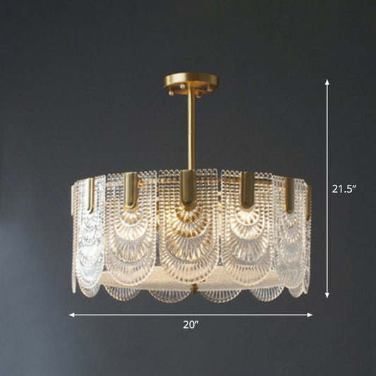 Ribbed Crystal Scalloped Round Chandelier Pendant Light Contemporary Brass Hanging Light 6 Brass Clearhalo 'Ceiling Lights' 'Chandeliers' 'Modern Chandeliers' 'Modern' Lighting' 2255746