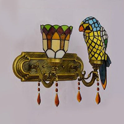 Lodge Style Parrot Wall Lighting Stained Glass 2 Heads Wall Sconce with Amber Crystal in Red/Blue Clearhalo 'Industrial' 'Middle century wall lights' 'Tiffany wall lights' 'Tiffany' 'Wall Lamps & Sconces' 'Wall Lights' Lighting' 22558