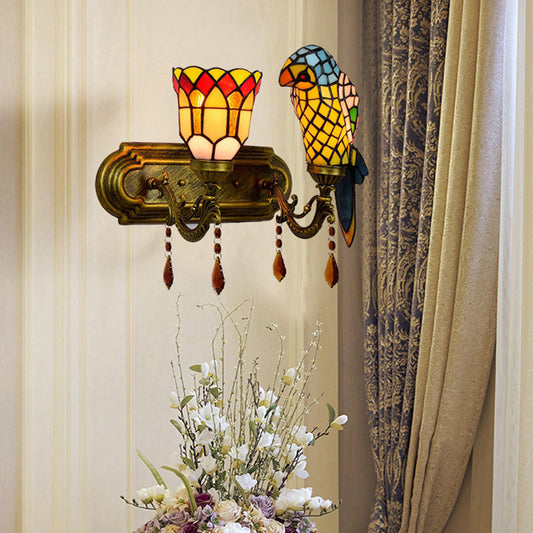 Lodge Style Parrot Wall Lighting Stained Glass 2 Heads Wall Sconce with Amber Crystal in Red/Blue Blue Clearhalo 'Industrial' 'Middle century wall lights' 'Tiffany wall lights' 'Tiffany' 'Wall Lamps & Sconces' 'Wall Lights' Lighting' 22559