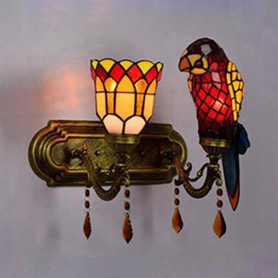 Lodge Style Parrot Wall Lighting Stained Glass 2 Heads Wall Sconce with Amber Crystal in Red/Blue Clearhalo 'Industrial' 'Middle century wall lights' 'Tiffany wall lights' 'Tiffany' 'Wall Lamps & Sconces' 'Wall Lights' Lighting' 22560